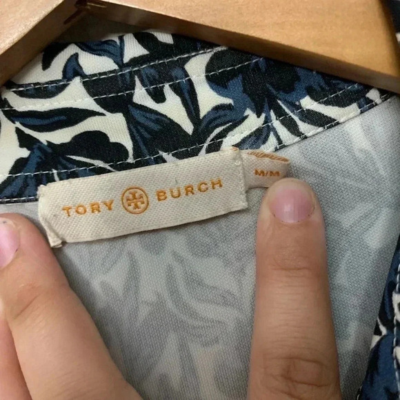 Tory Burch blue navy white Floral Print Button Down Rayon Blouse | Size M - Picture 2 of 9